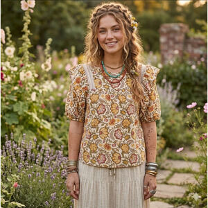 DRA Botanic Garden Ruffled Blouse Boho Peasant cotton SM